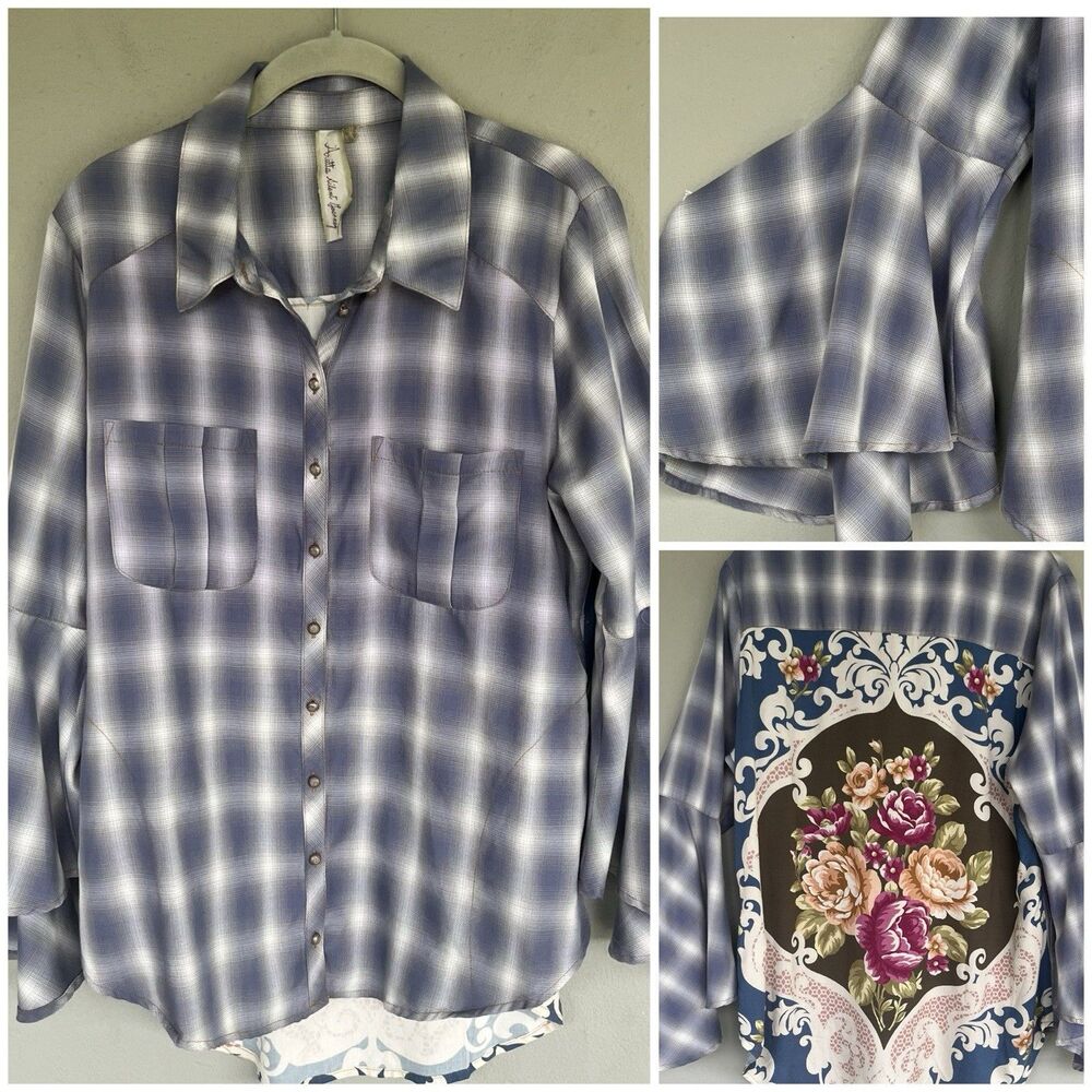 Aratta Silent Journey Plaid Floral Tunic Top M Blue Button Mix Media Bell Sleeve